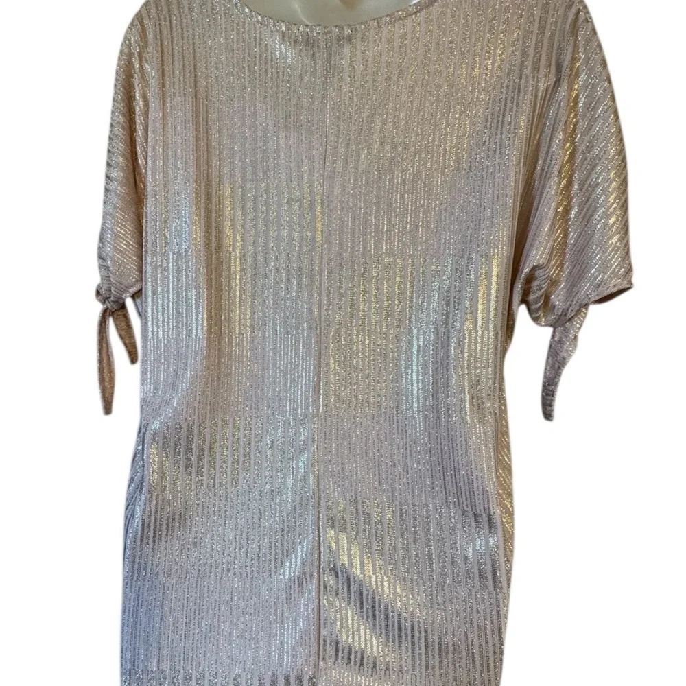 NWT  V-Neck BLUSH/GOLD  Shimmer Tie-Sleeve Top    LARGE    #K - Picture 4 of 9